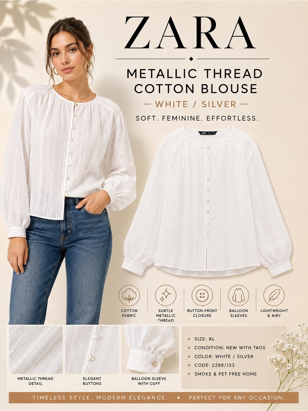 Zara White Metallic Thread Cotton Blouse Size XL NWT Balloon Sleeve Shirt
